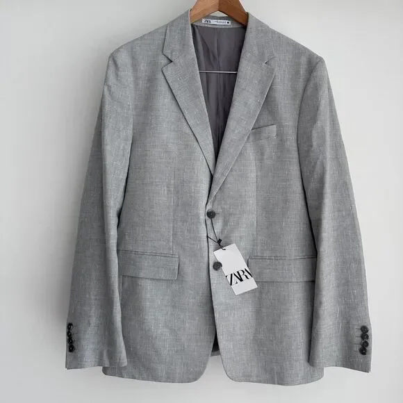 Zara Blazer Mens US 42 Linen Blend Sport Coat Suit Jacket Grey